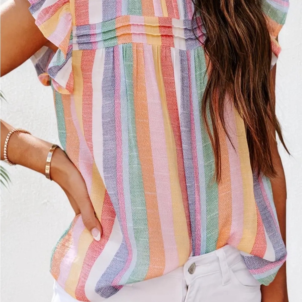 NWOT Rainbow Stripe Flutter Sleeve Blouse Comfy Casual Crew Neck w/Ruched Detail